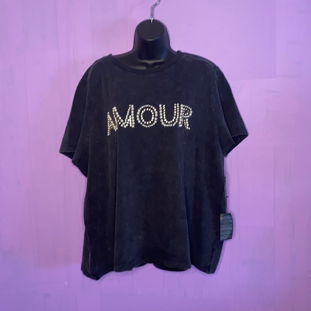 Forever 21 Black Short Sleeve Tee with 'AMOUR' Stud Detail